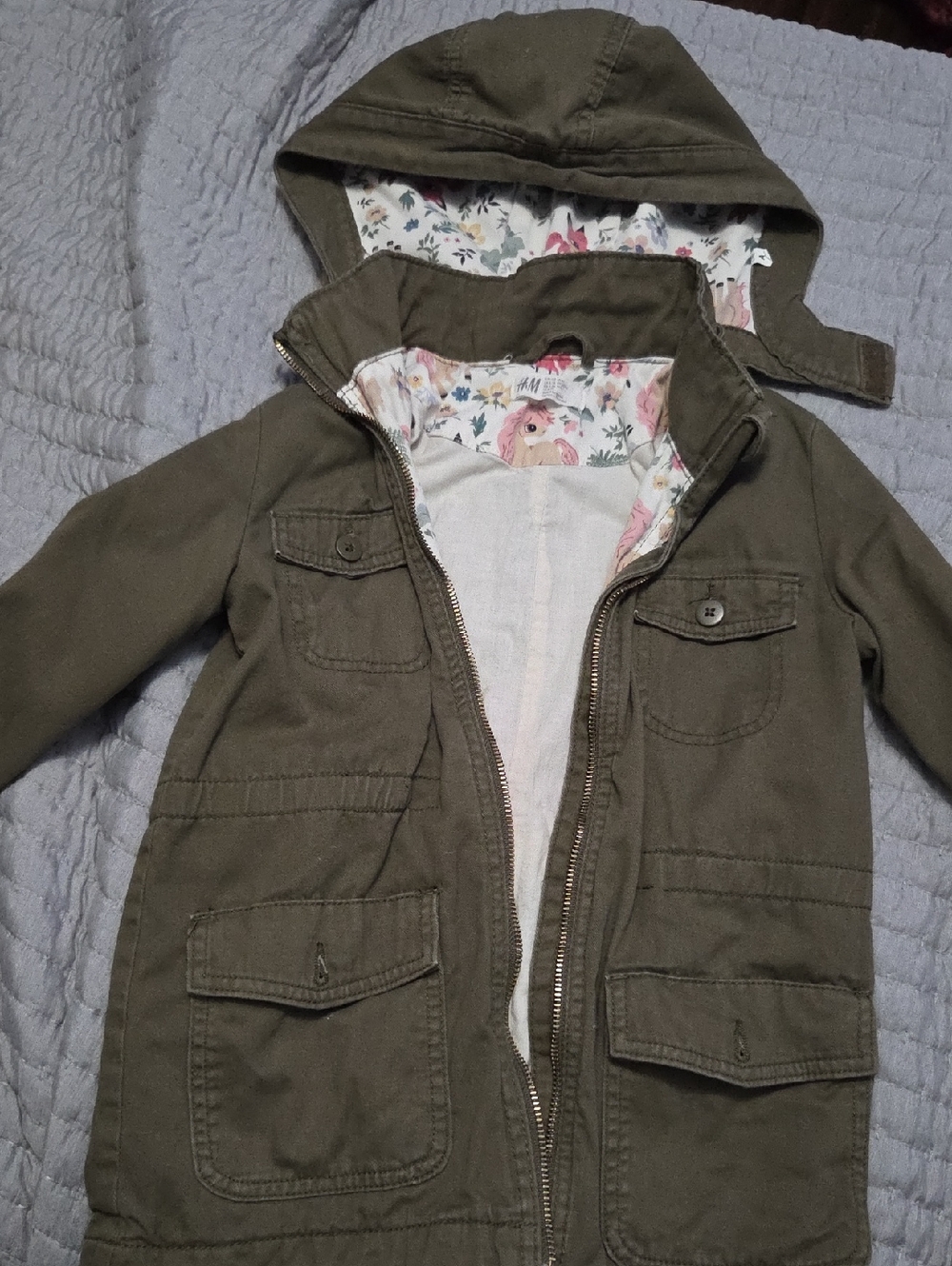H&M Kids Olive Green Hooded Utility Coat with Floral Lining